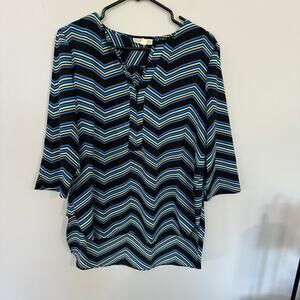 Dana Buchman Chevron Striped Keyhole Neckline Top Women's Size Large Black Blue